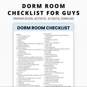 May include: A digital checklist titled "Dorm Room Checklist for Guys" with a premium design. The list includes bedding, toiletries, clothing, and study supplies. The document is an A4 digital download.
