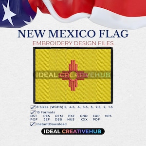 Może przedstawiać: Żółta, haftowana naszywka z flagą Nowego Meksyku, z czerwonym symbolem Zia pośrodku. U góry znajduje się napis "NEW MEXICO FLAG EMBROIDERY DESIGN FILES". Obraz zawiera również tekst "IDEAL CREATIVEHUB".