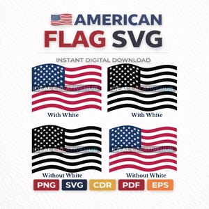Puede incluir: Diseño gráfico digital con la bandera estadounidense en formato SVG. La imagen muestra cuatro variaciones de la bandera, algunas con rayas blancas y otras sin ellas. Formatos de archivo: PNG, SVG, CDR, PDF y EPS, descarga instantánea.