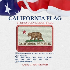 California Flag Embroidery File DST, Patriotic Bear Republic (Instant Download)