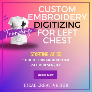 May include: White t-shirt with a black cowboy graphic on the left chest, displayed on a gradient purple and yellow background. Text reads "Custom Embroidery Digitizing for Left Chest" and "Trending". The image also includes "Order Now" button.