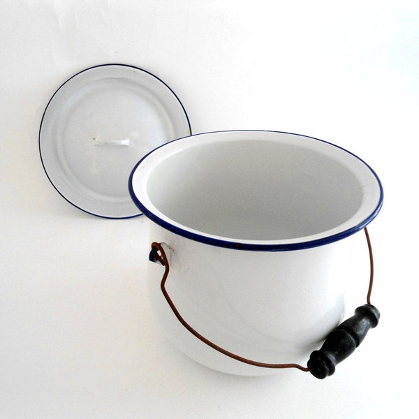 Vintage White Enamel Pot with Lid and Handle