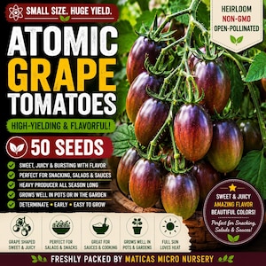 May include: An image of Atomic Grape Tomatoes, with text that reads "Small Size. Huge Yield." and "High-Yielding & Flavorful!" The image shows a cluster of dark purple and red tomatoes. The text also states "50 Seeds" and "Heirloom Non-GMO Open-Pollinated."