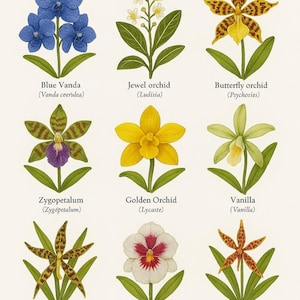 Tropical Orchid Species Chart  Digital Download  Rare Bloom Series Vol. 2  Botanica Orchid Art Scientific Plant Poster PNG Wall Print