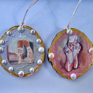 Ballet Slippers Decoupage Wood Slice Ornaments – Handcrafted Ballerina Decor with Iridescent Gems & Gold Trim Christmas ornaments