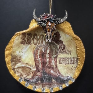 Rustic Western Cowboy Boot Ornament with Rhinestone Longhorn Accent  Christmas ornament stocking stuffer