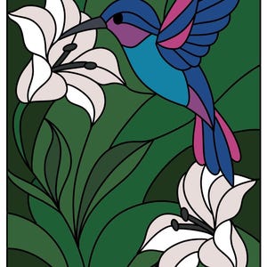 DIGITAL DOWNLOAD pattern / Hummingbird Flowers Stained Glass Pattern / Hummingbird with Lillies / Garden / Birds