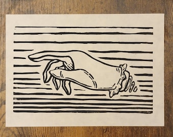 Diseño de mano señalando - Grabado en linóleo hecho a mano