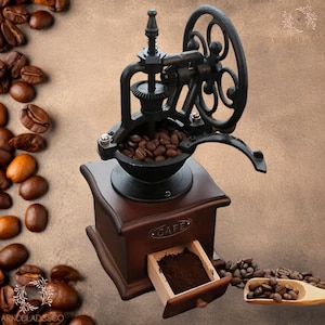 Vintage Hand Crank Coffee Grinder & Antique Teapot Set: Rustic Coffee Bar Decor