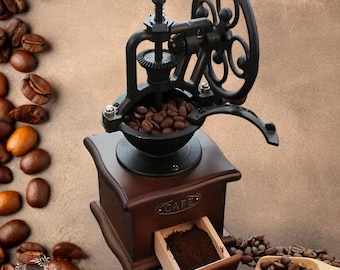 Vintage Hand Crank Coffee Grinder & Antique Teapot Set: Rustic Coffee Bar Decor