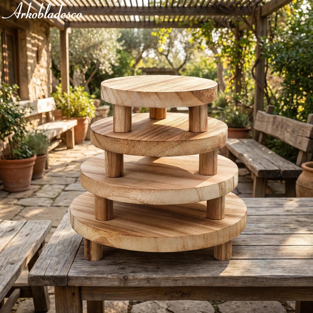 Rustic Wood Display Riser Wooden Display Risers Set of 4 – Round Rustic Pedestal Stands for ...