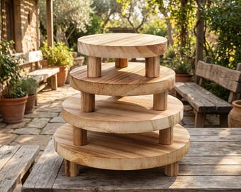 Wooden Display Risers Set of 4 – Round Rustic Pedestal Stands for Tiered Tray, Kitchen Counter & Home Decor