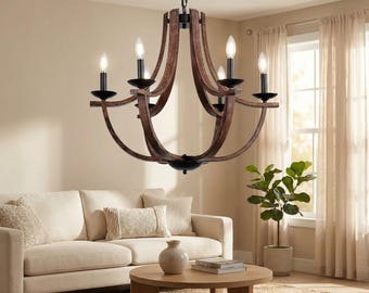 Farmhouse Wood Grain Chandelier – 6 Light Rustic Ceiling Pendant Light