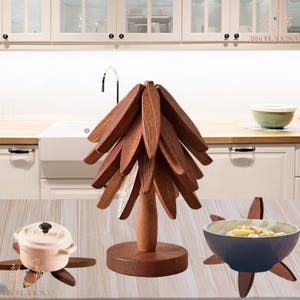 Wooden Trivet for hot dishes 4 Detachable non-slip Pads& Stand, Kitchen Decor Heat Resistant, Tree Trivet Housewarming Gift, Christmas Home
