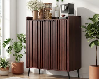 Fluted Coffee Bar Cabinet, Mid Century Modern Wine Liquor Cabinet with Storage, Glass Holder & Removable Shelf