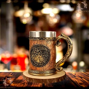 Viking Style Inspire Beer Mug Stainless Steel Coffee Cup with Intricate Nature Design, Reusable, Durable, for Coffee Bar Decor, Gift for Him