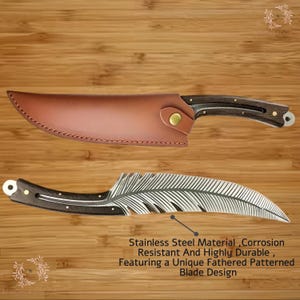 May include: A stainless steel knife with a unique feather-patterned blade design, and a brown leather sheath. The knife has a dark wooden handle and is corrosion-resistant and durable. Text on the image reads: Stainless Steel Material, Corrosion Resistant And Highly Durable, Featuring a Unique Fathered Patterned Blade Design.