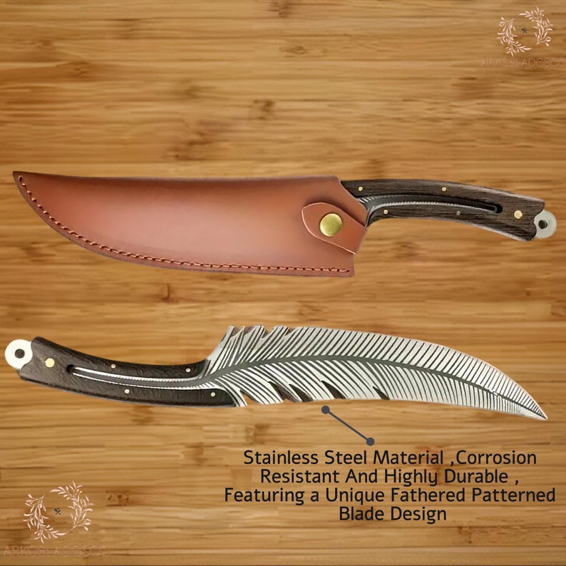 May include: A stainless steel knife with a unique feather-patterned blade design, and a brown leather sheath. The knife has a dark wooden handle and is corrosion-resistant and durable. Text on the image reads: Stainless Steel Material, Corrosion Resistant And Highly Durable, Featuring a Unique Fathered Patterned Blade Design.