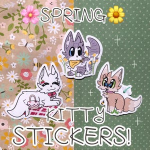 May include: Spring-themed kitty stickers. The stickers feature cartoon cats with floral accents. The background is split, with a floral pattern on the left and a green dotted pattern on the right. Text reads "SPRING" and "KITTY STICKERS!"