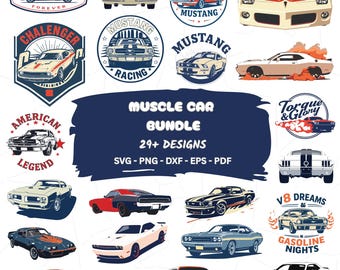 Paquete SVG de Muscle Cars, Imágenes prediseñadas de vehículos clásicos, Diseños de sublimación de autos retro, Descarga digital de autos clásicos, Uso comercial, Cricut, PNG