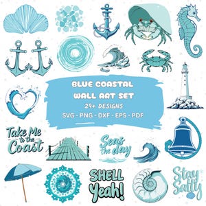 Blue Coastal Wall Art Set, Trendy Poster Set, Beachy Aesthetic Digital Prints, Beach Preppy Girls Dorm Room, Printable Gallery Wall Set