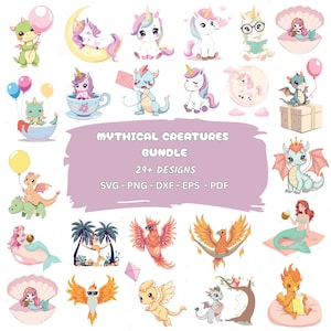 Cute Mythical Creatures ClipArt PNG- Fantasy Unicorn, Dragons, Mermaid, Griffin Watercolor Clip Art- Adorable Animals Digital Download, SVG