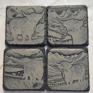 Rustic Highland Cow Coaster, Slate Coaster, Cute Gift
