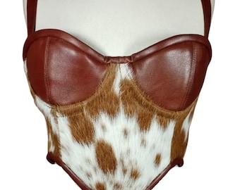 Bao Leather Corset Top | Brown & White Cow Print Bustier | Western Country Festival Outfit
