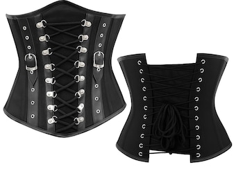 Women’s Black Cotton With Leather Strips Underbust Corset Gothic Costume Bustier Top