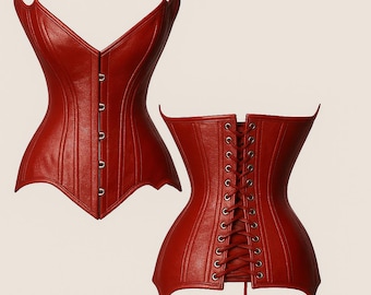 Red Gothic Leather Overbust Corset Batwing Neckline | Halloween corset