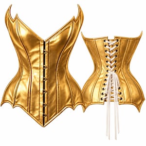 May include: A metallic gold corset featuring a pointed bat-wing neckline and hem. The front displays a vertical row of metal hook-and-eye closures, while the back includes a white lace-up ribbon system with metal grommets for adjustable fit.