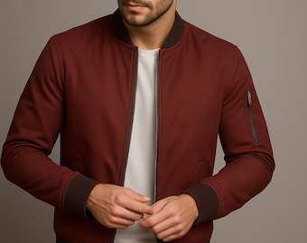 100 % Nappa Leather Bomber Jacket  Maroon Men’s Zip-Up Flight Jacket