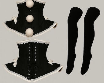 Black Satin Pom Pom Corset: Burlesque Lingerie, Cosplay Costume