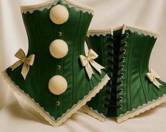 Green Satin Corset: Pom Pom Trim, Burlesque Lingerie, Gothic Cosplay