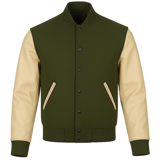 Men's Olive Green Wool Varsity Jacket: Beige Leather Sleeves