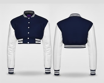 Cropped Varsity Jacket - Navy and White Baseball Bomber, Y2K Fashion