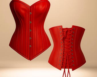 Leather Overbust Corset: Steel Boned Waist Trainer, Hourglass Shaping