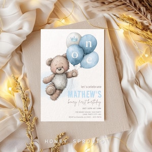 Beary First Birthday Invitation, Bear Birthday Invite, Teddy Bear First Birthday, 1st Birthday Boy, Beary 1st Birthday Party Invite Blue