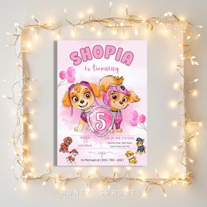 Skye Paw Patrol Birthday Invitation: Pink Puppy Party, Editable Canva Template (5x7&quot; Digital Download)