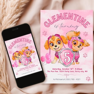 Skye Puppy Birthday Invitation: Pink Paw Party, Girl&#39;s Canva Template (Digital Download)