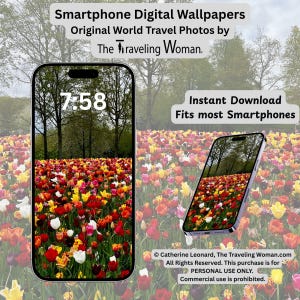 May include: Two smartphones displaying a vibrant field of colorful tulips under a tree-lined horizon. The screens show the time as 7:58. Text reads "Smartphone Digital Wallpapers" and "Instant Download Fits most Smartphones."