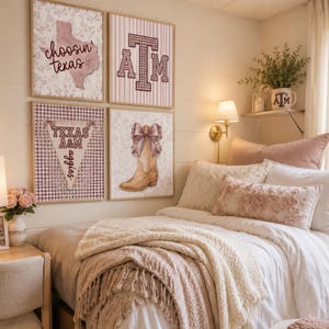 May include: Four framed wall art prints featuring Texas A&M themes, including a map of Texas with the text choosin' texas, the letters ATM in a plaid pattern, a pennant with the text TEXAS A&M aggies, and a cowboy boot with a large bow.