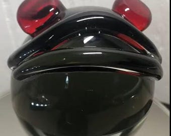 Vintage Murano Art Glass Frog Paperweight: Smokey Gray, Red Eyes, Italian Collectible