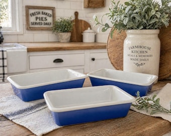 Set of 3 Blue White Ceramic Baking Dishes – Farmhouse Kitchen Oven to Table Bakeware