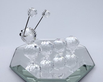 Mini Cut Glass Caterpillar Figurine on Mirrored Base | Crystal Style Bug | Tiny Glass Animal Decor | Sparkly Shelf Accent
