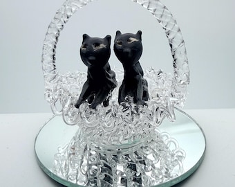 Spun Glass Basket of Black Kittens on Mirror | Glass Cat Figurine Decor