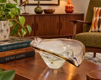Vintage MCM Polish Art Glass Bowl, Clear Smoke Amber Freeform Centerpiece