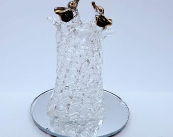 Spun Glass Birds on Tree Stump Figurine 22K Gold Tips | Mirrored Base Glass Decor