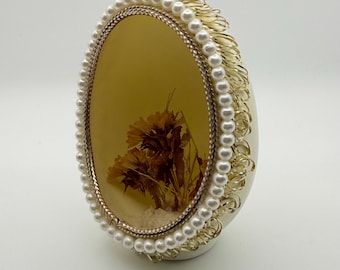 Vintage Real Eggshell Diorama with Dried Flowers, Pearl Trim Easter Decor, One of a Kind Fragile Folk Art Egg