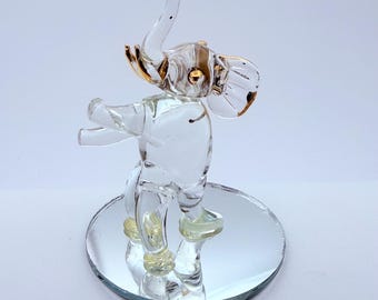 Spun Glass Elephant with Gold Accents | Mirrored Base Glass Animal Decor